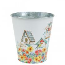 Metal pot with motif, planter with birdhouses, tin bucket H13cm Ø11.5cm