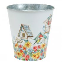 Tin pot with birdhouses, summer decoration, planter H14.5cm Ø13.5cm