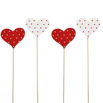 Product Hearts red and white dotted flower pins wood 6×5cm 18 pcs