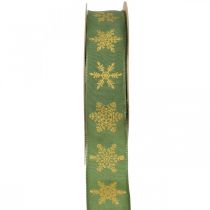 Ribbon Christmas snowflake green, yellow 25mm 15m