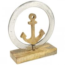 Maritime decoration, wooden anchor in the ring, sculpture, nautical summer decoration silver, natural colors H19.5cm
