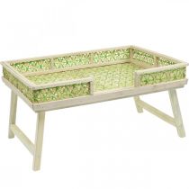 Bamboo bed tray, foldable serving tray, wooden tray with wicker pattern in green and natural colors 51.5×37cm