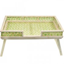 Bamboo bed tray, foldable serving tray, wooden tray with wicker pattern in green and natural colors 51.5×37cm