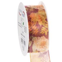 Product Gift ribbon in autumn colors, organza ribbon with floral pattern, 40mm, 15m