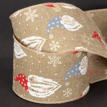 Product Decorative ribbon with Christmas gnomes on jute ribbon, winter motif, 60mm x 10m