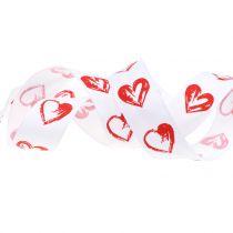 Deco ribbon white with red hearts 25mm 15m