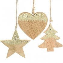 Christmas decoration star / heart / tree, wooden pendant, advent decoration H10 / 12.5cm 3pcs