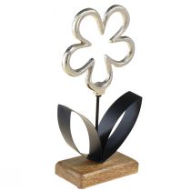 Flower metal decoration silver black wooden base 15x29cm