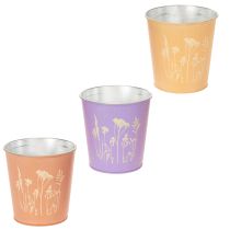 Product Set of 3 Pastel Plant Pots with Floral Motif – 12cm Round Metal Planters for Indoor Use