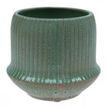 Flower pot ceramic planter with grooves light green Ø14.5cm H12.5cm