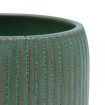 Flower pot ceramic planter with grooves light green Ø12cm H10.5cm