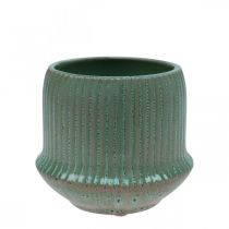 Flower pot ceramic planter with grooves green Ø12cm H10.5cm