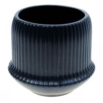 Flower pot ceramic planter grooves black Ø14.5cm H12.5cm