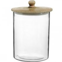 Glass jar, bonboniere with wooden lid, decorative glass natural color, clear Ø17cm H24.5cm
