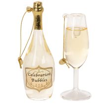 Product Champagne bottle and champagne glass pendant set, Christmas tree decoration, 14cm, 2 pieces