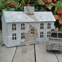Product Lantern house metal, decoration for Christmas, shabby chic, white washed, antique look H12.5cm L17.5cm