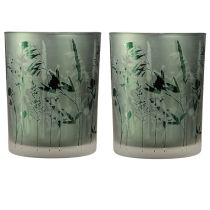Product Decorative Glass Lantern Green White Motif Meadow H12.5cm 2 Pcs