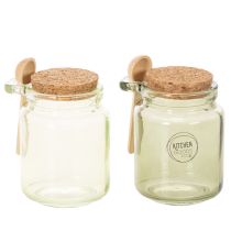 Product Decorative glass with cork lid and spoon, green, Ø7cm, H10cm, 2 pieces