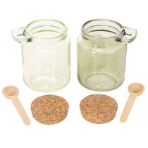 Product Decorative glass with cork lid and spoon, green, Ø7cm, H10cm, 2 pieces