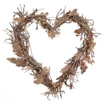 Product Country-style decorative heart-shaped door wreath made of branches with oak leaves, natural wall decoration Ø28cm