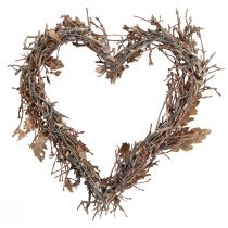 Product Country-style decorative heart-shaped door wreath made of branches with oak leaves, natural wall decoration Ø28cm