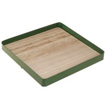 Product Decorative tray metal square green wooden base 25.5×25.5cm