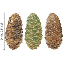 Product Decorative ceramic pine cones, assorted green, yellow, brown, 8.5cm, 6 pieces
