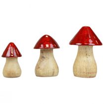 Decorative mushrooms wooden mushrooms red gloss autumn decoration H6/8/10cm set of 3
