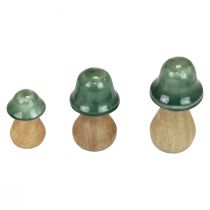 Decorative mushrooms wooden mushrooms dark green glossy H6/8/10cm set of 3