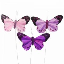 Deco butterfly on wire feather butterflies purple/pink 9.5cm 12pcs
