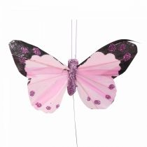 Deco butterfly on wire feather butterflies purple/pink 9.5cm 12pcs