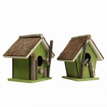 Decorative birdhouse wooden decorative nesting box green natural H14.5cm set of 2