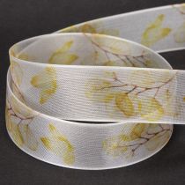 Product Decorative ribbon with leafy branch motif, organza ribbon, 25mm wide, 20m long