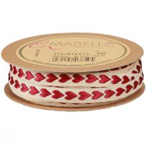 Product Decorative ribbon with red hearts gift ribbon beige 10mm 15m