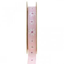 Deco ribbon pink with flowers gift ribbon 15mm 15m