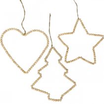 Deco hanger Christmas wooden beads heart star tree H20cm 3pcs