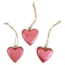 Product Decorative hanger wood wooden hearts decoration pink shiny 6cm 8pcs