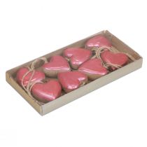 Product Decorative hanger wooden hearts decoration pink glossy 6 cm 8 pcs