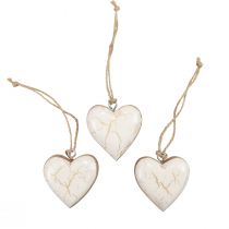Product Decorative hanging wooden hearts natural white/gold craquelure 6cm 8 pcs