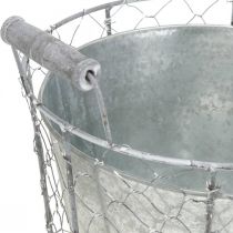 Wire basket with metal bowl, plant pot, spring decoration silver, washed white, shabby chic Ø30cm H25.5cm