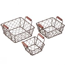 Product Wire basket, planter, metal/wood, 16/14/11.5cm, set of 3.