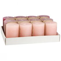 Product Pillar candle set, pink &amp; berry colors, 70x100mm, long burning time, pack of 12, ideal for decoration &amp; gift