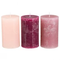 Product Pillar candle set, 3 colors, berry pink tones, marbled, decorative candles 60x100mm, 12 pieces