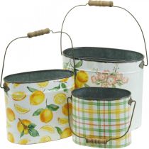 Metal pot green-yellow, summer decoration, bucket with handle, Mediterranean lemon motif L28/22.5/cm H23/18/15cm