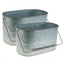 Plant bowl with handle, metal pot, planter silver, brown H22/20cm L42/40cm set of 2