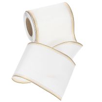 Product Elegant Moiré wreath ribbon, 125mm, white with gold edging - High-quality decorative ribbon for floristry and celebrations