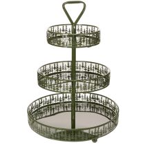Product Metal tiered serving stand, green, three tiers, fir decor, round, 49cm