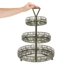 Product Metal tiered serving stand, green, three tiers, fir decor, round, 49cm