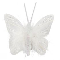 Product Feather butterflies on clip white glitter 5x4.5cm 4 pcs