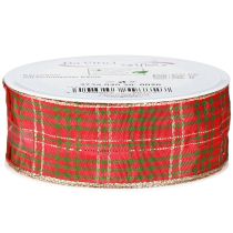 Product Festive checked gift ribbon red green gold 40mm 20m